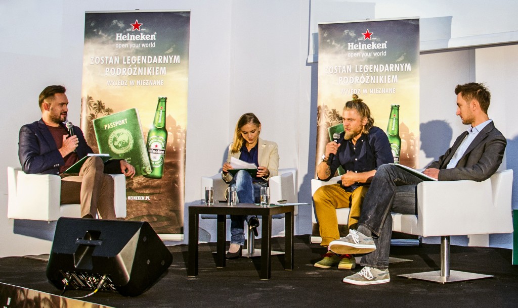 HNK_Konferencja_od lewej Marcin Prokop, Kinga Baranowska, podróżnik Jakub Barzak i  szef Heineken Wojciech Bogusz